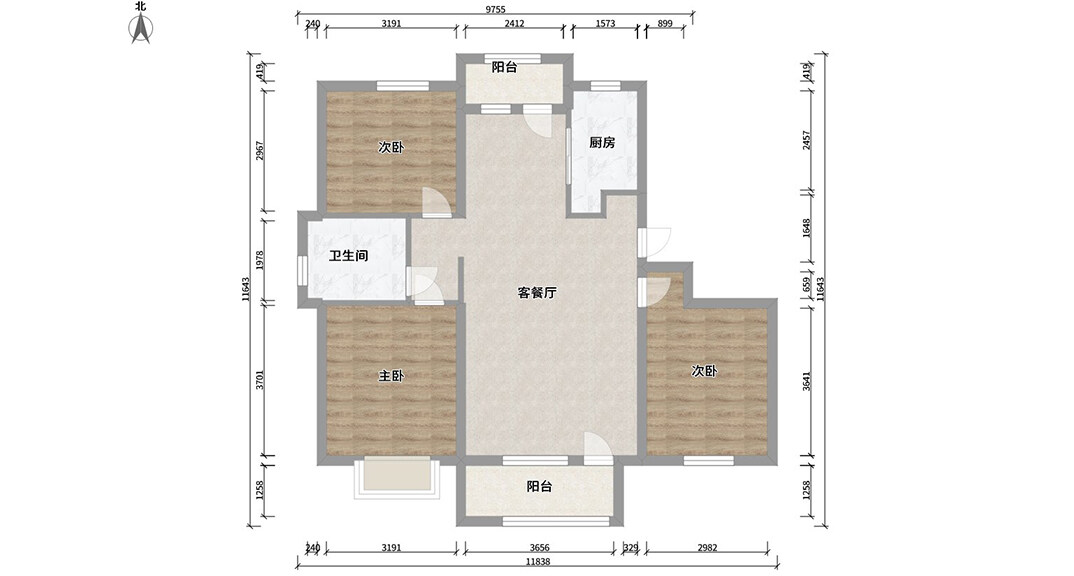 磊鑫伊顿阳光125㎡三室二厅户型平米结构图.jpg